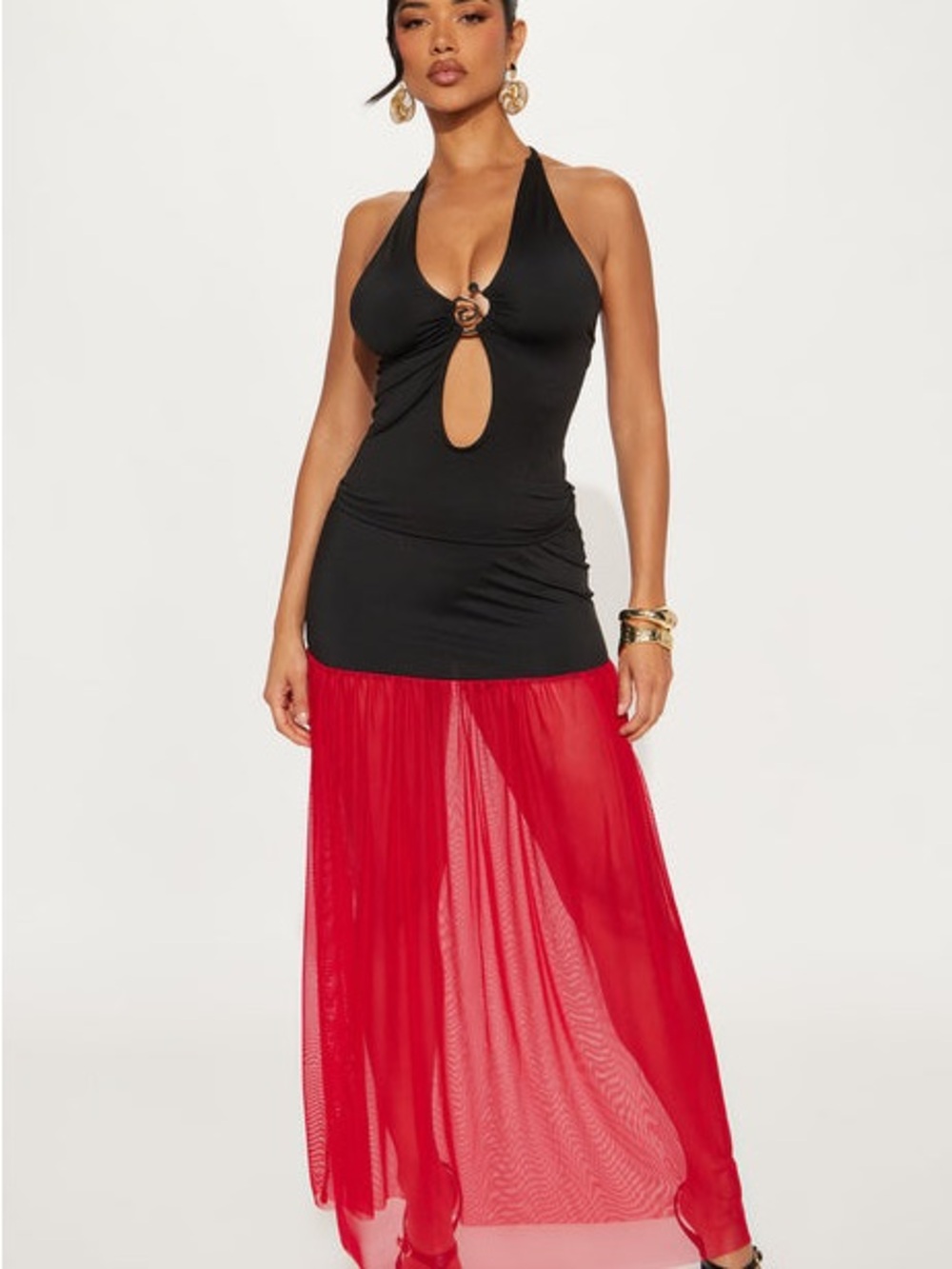 Sheer Red Maxi Skirt Set - Elegant Layered Women's Skirt